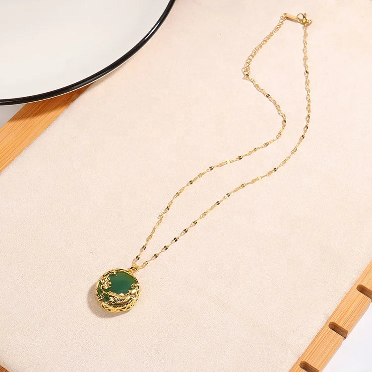 Gold-Plated Green Gemstone Jade Necklace