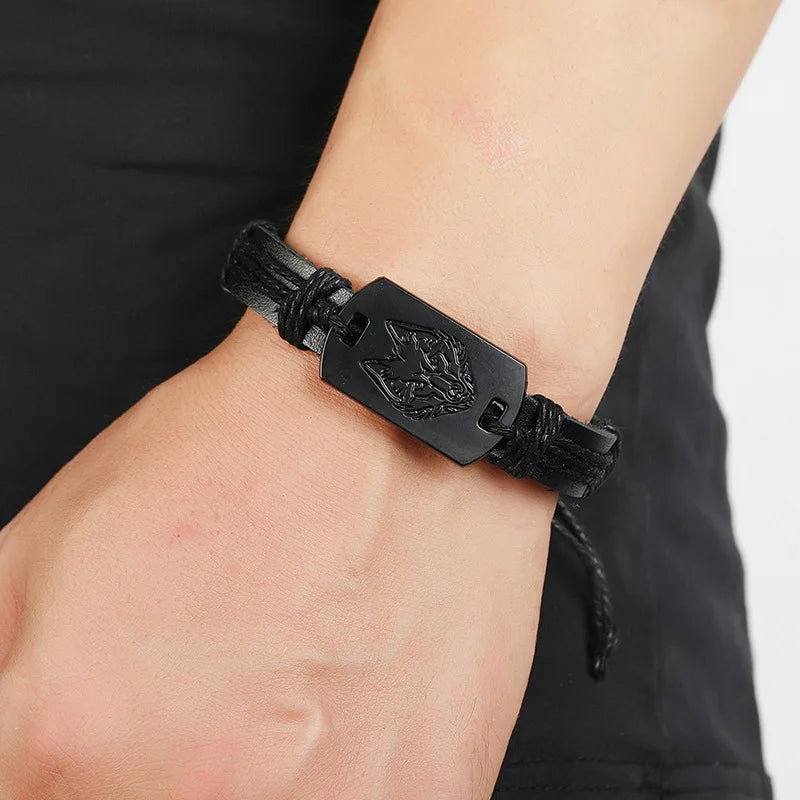 Multi-Layer Black Leather Wolf Head Bracelet For Men