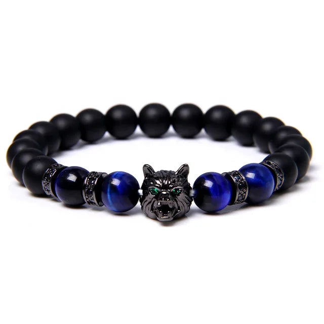  Blue Tiger Eye Matte Black Wolf Charm Men Bracelet