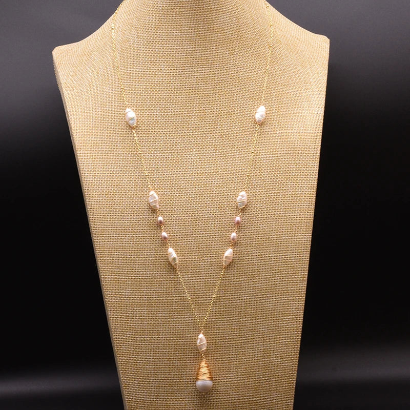  White Pearl Long Pendant Necklace For Women 