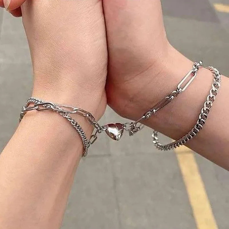 Titanium Stainless Steel Magnetic Heart Charm Couple Bracelet 