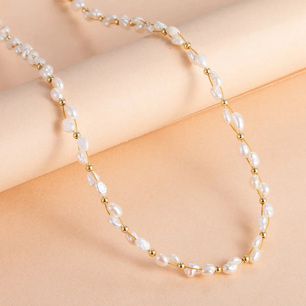 Gold Hole Beaded Freshwater Pearls Necklace