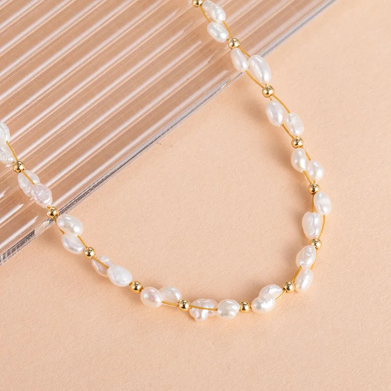 Gold Hole Beaded Freshwater Pearls Necklace