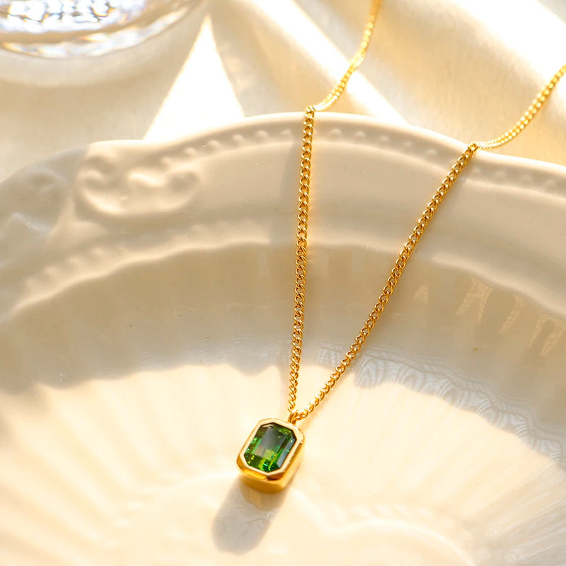 18K Gold Plated Cubic Zirconia Emerald Necklace