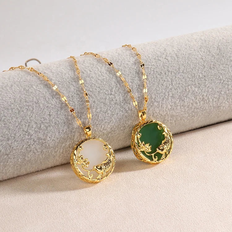 Gold-Plated Green Gemstone Jade Necklace